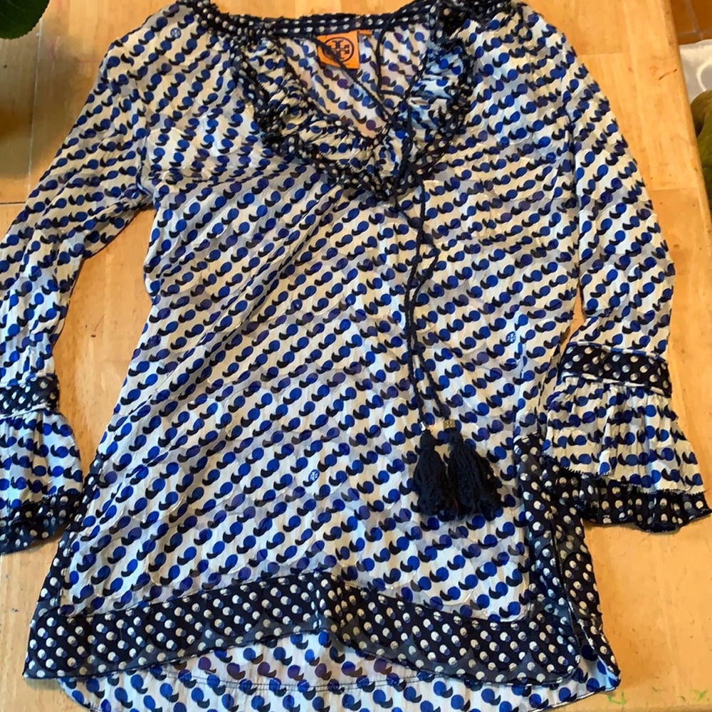 Tory Burch Navy Polka Dot Tunic Silk Blend Blouse